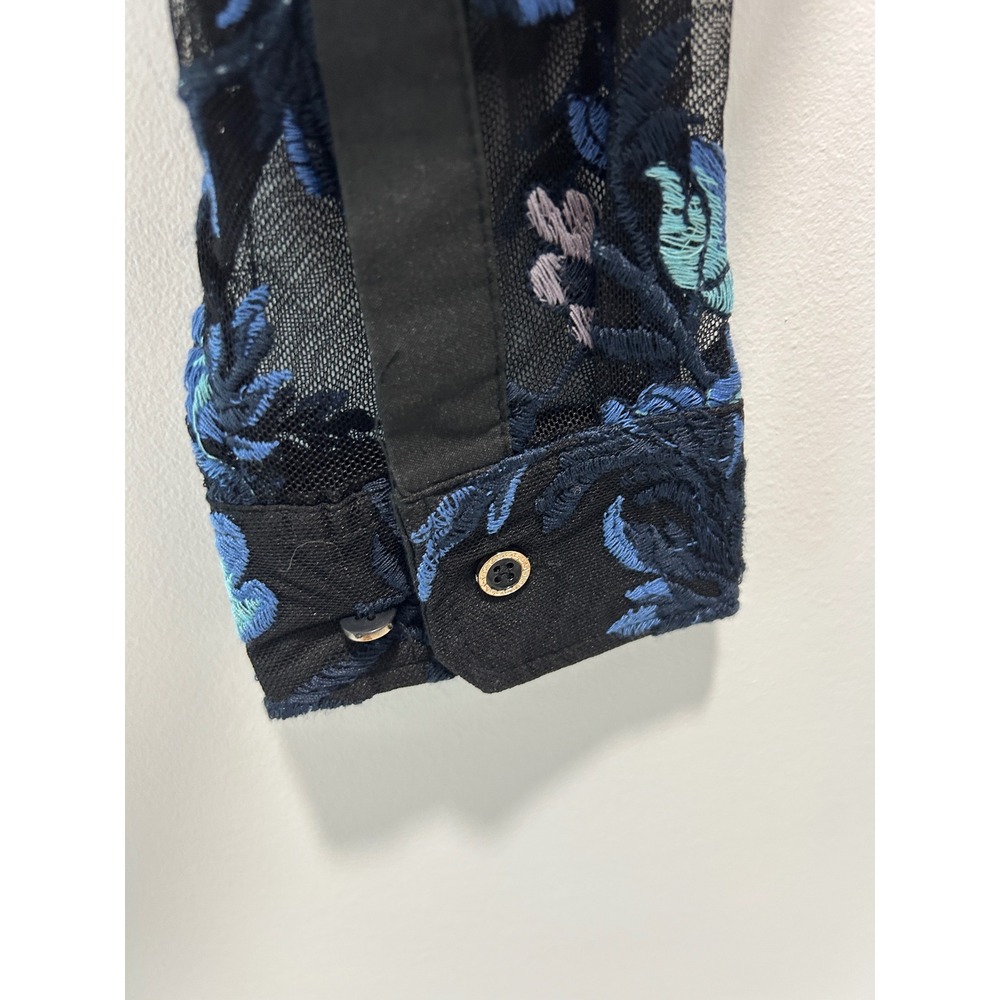Sheer Black Mesh Floral Embroidered Button Down Shirt Blue Teal Top XL - Picture 4 of 9